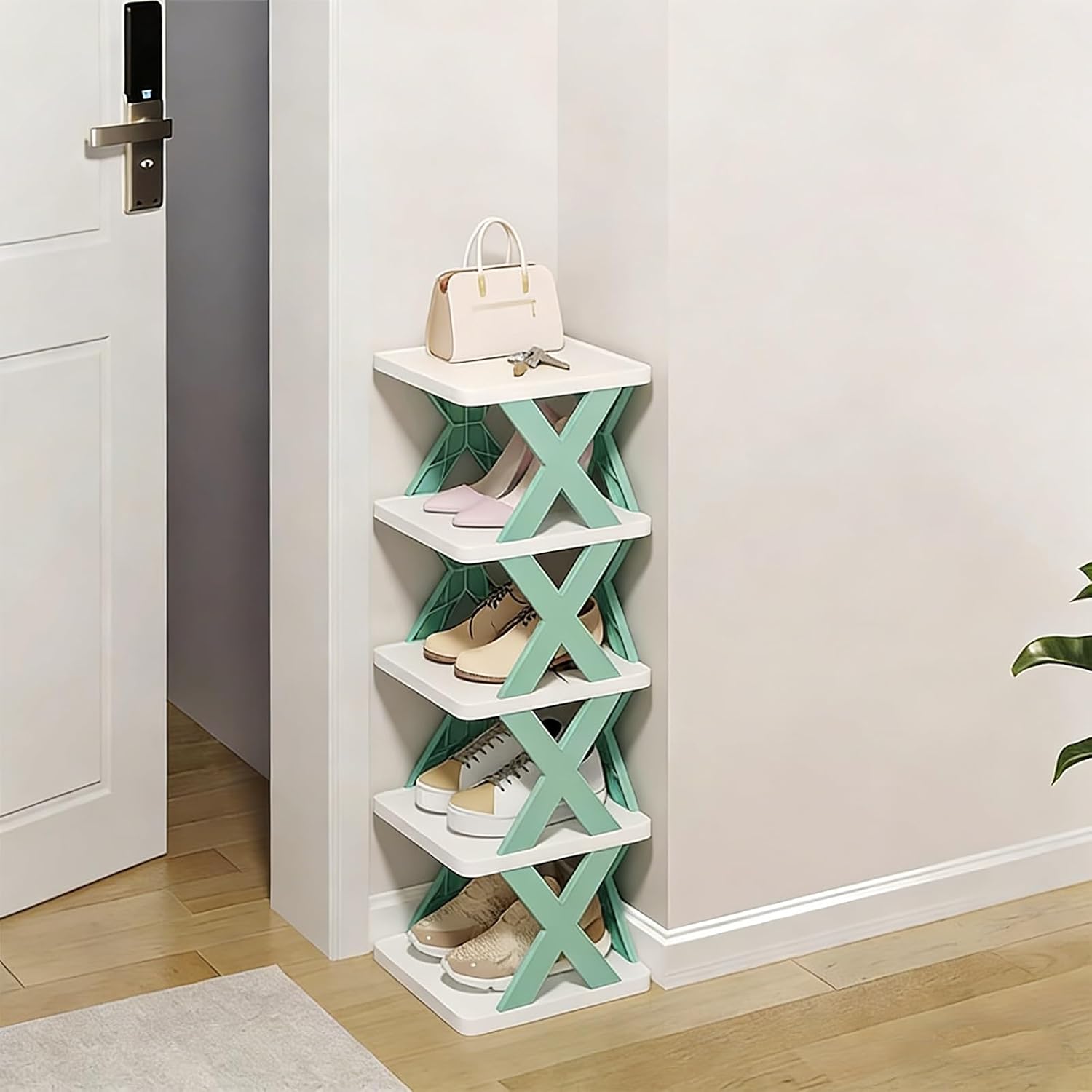 5-poziomowy pionowy stojak na buty z tworzywa sztucznego, wolnostojący, odpowiedni do szaf, korytarzy i garaży. Niebieski