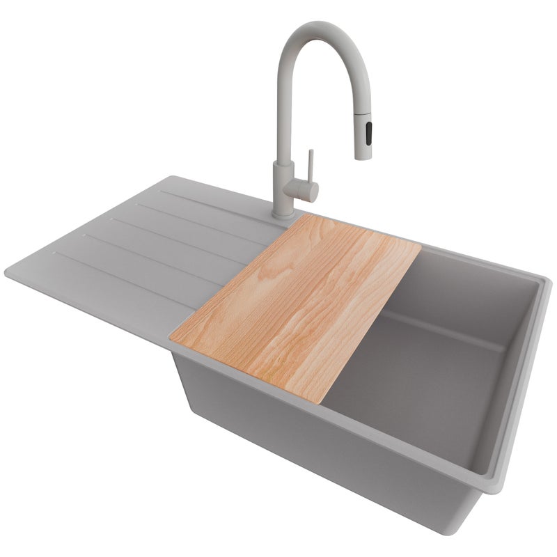 Zlewozmywak Granitowy Szary 90x50cm, Zlew Kuchenny 1 Komorowy + Bateria 40x20cm + Syfon + Deska, Nablatowy do szafki od 60cm - Kopenhaga PRIMAGRAN