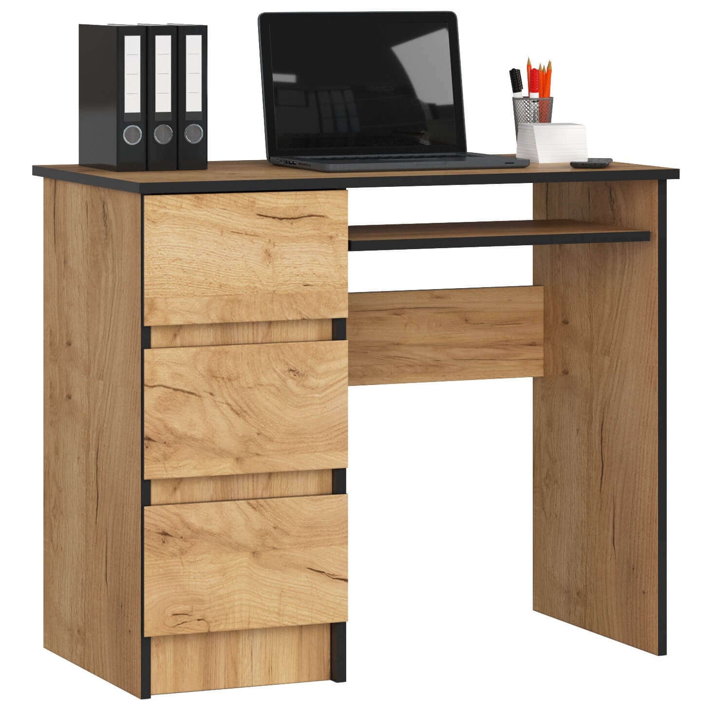 Biurko komputerowe AKORD A6 Dąb Craft 90 cm lewe 3 szuflady kolor Dąb Craft mat 1 półka 90x50x77 cm