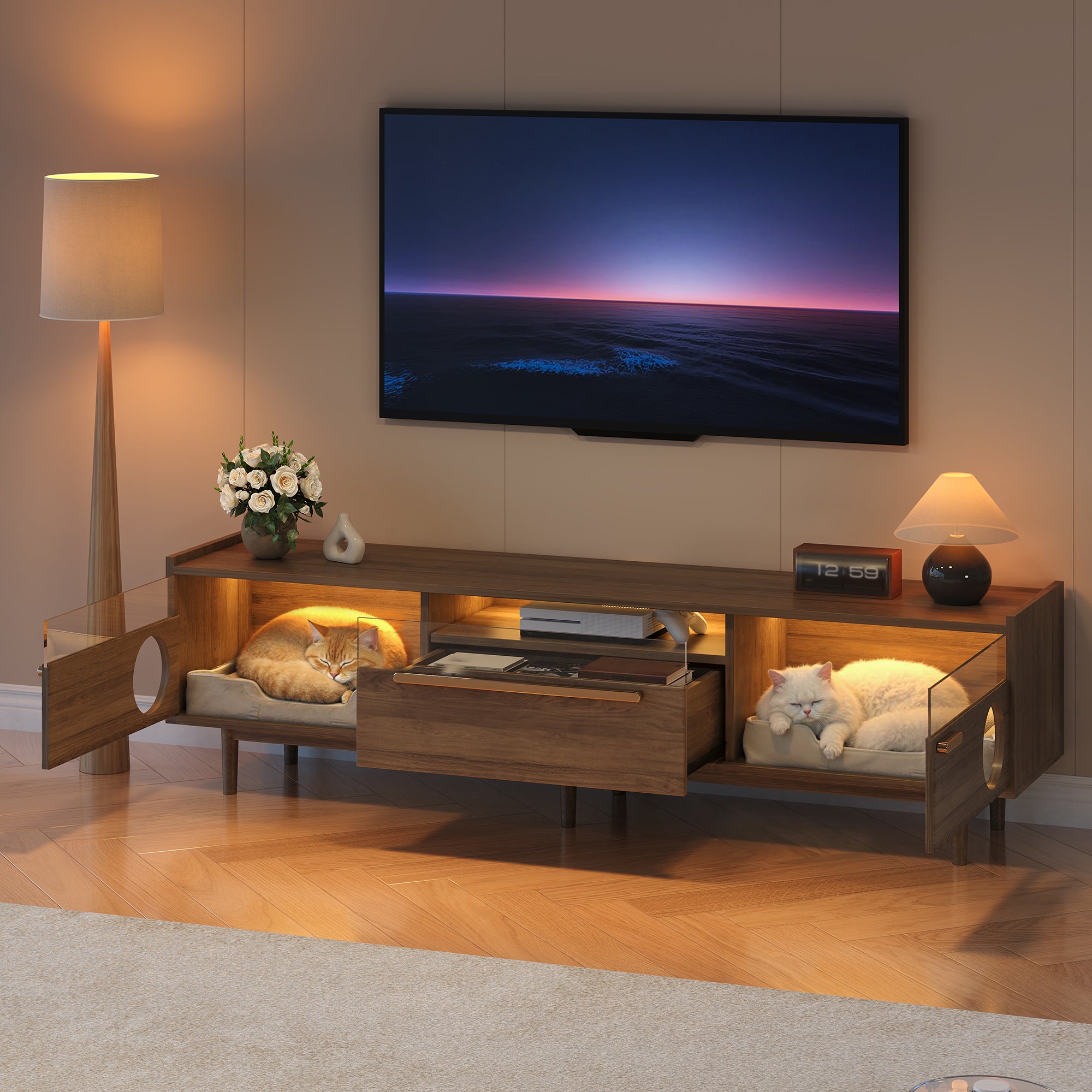 TV-Schrank z LED, z espaço dla kota, drzwiami szklanymi, kolor orzechowy, 180x40x50 cm