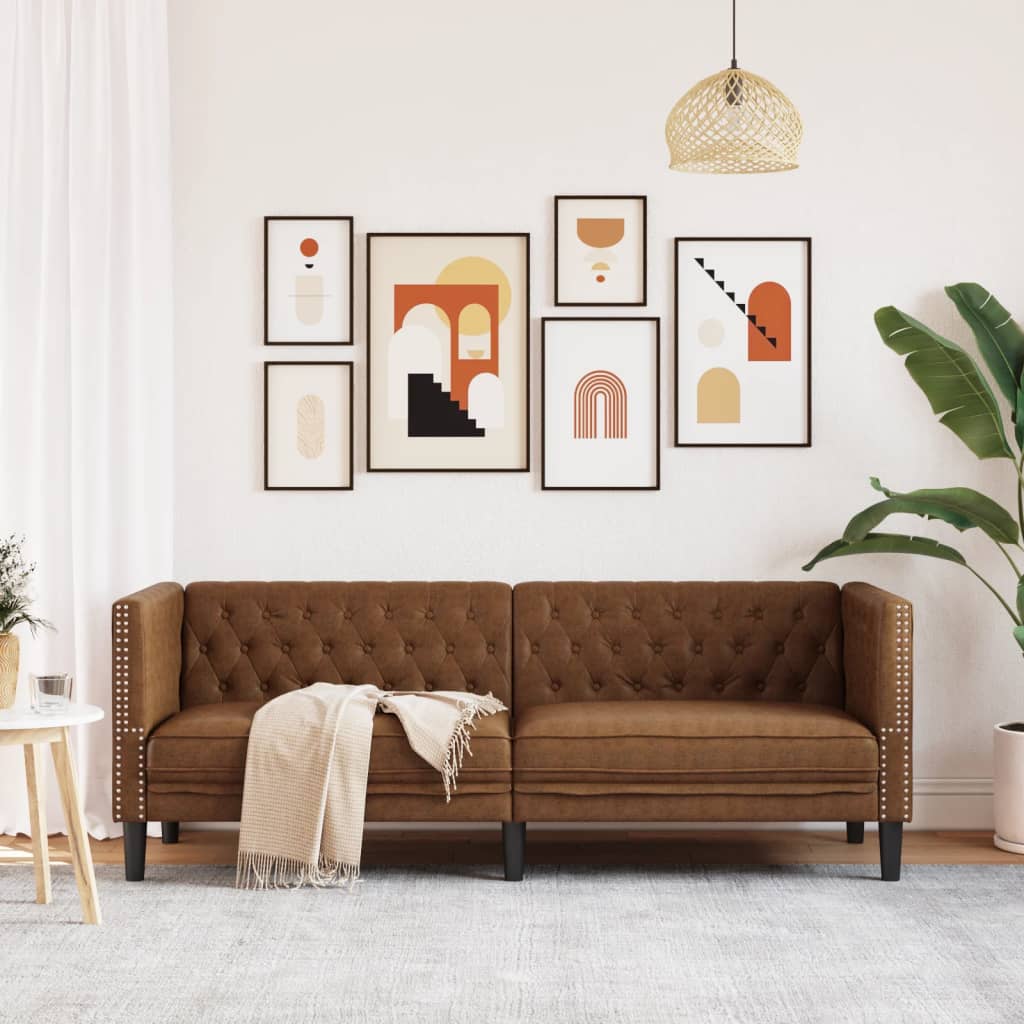 Sofa Chesterfield, 3-os., brązowa, sztuczna skóra zamszowa