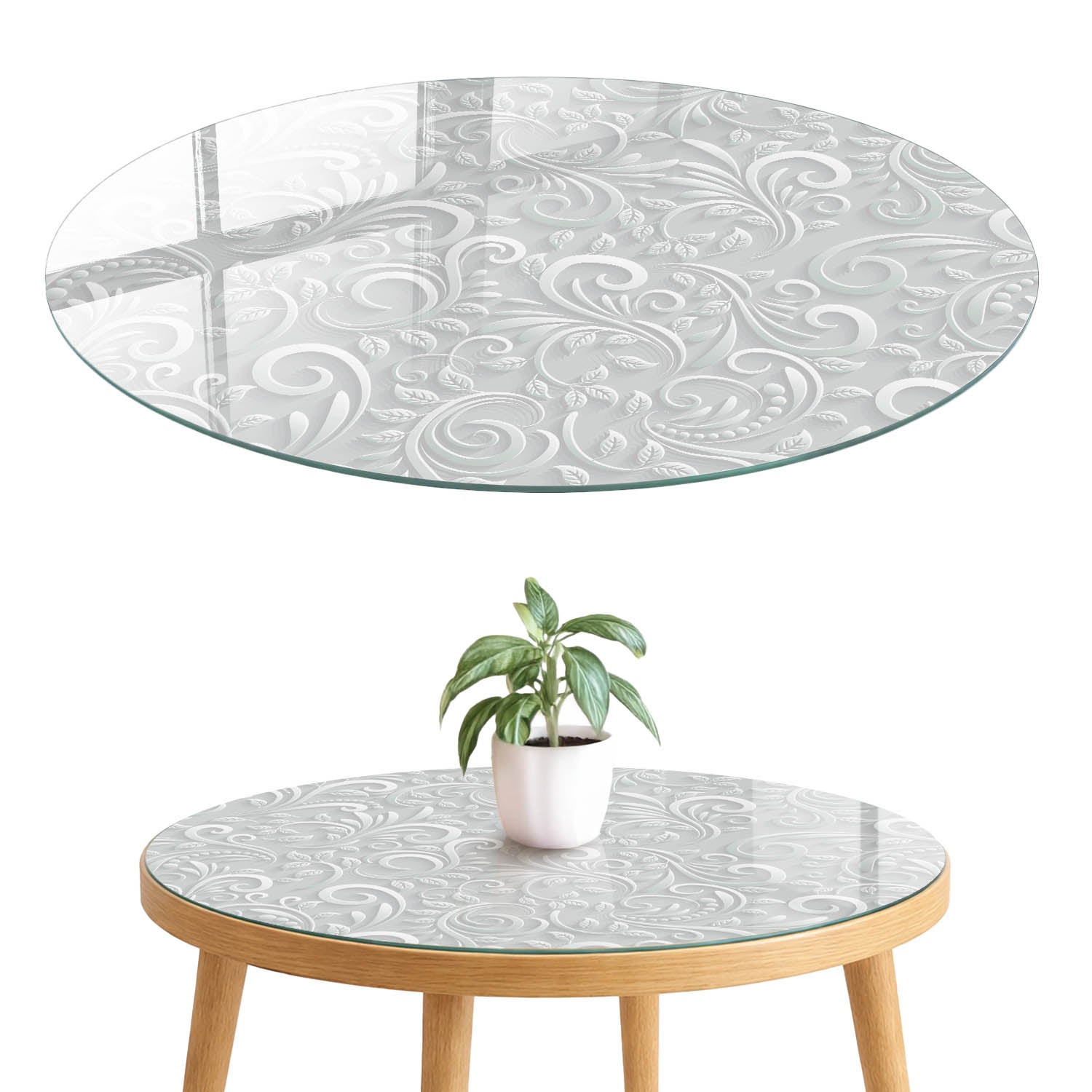 Szklany blat hartowany z wzorem 4 mm - elegancka dekoracja i maskowanie blatu fi70 cm Florystyczny motyw