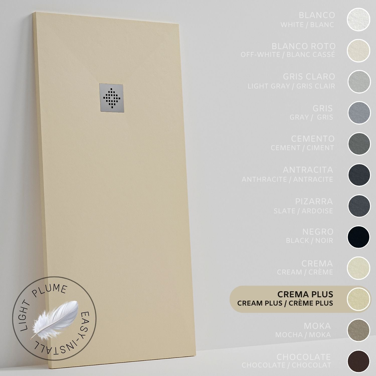 SOULHOME Lekki Brodzik z Żywicy tekstura Łupka intensywnie kremowy – 90x90- cm Ultra-płaski Zawiera Syfon i Kratkę