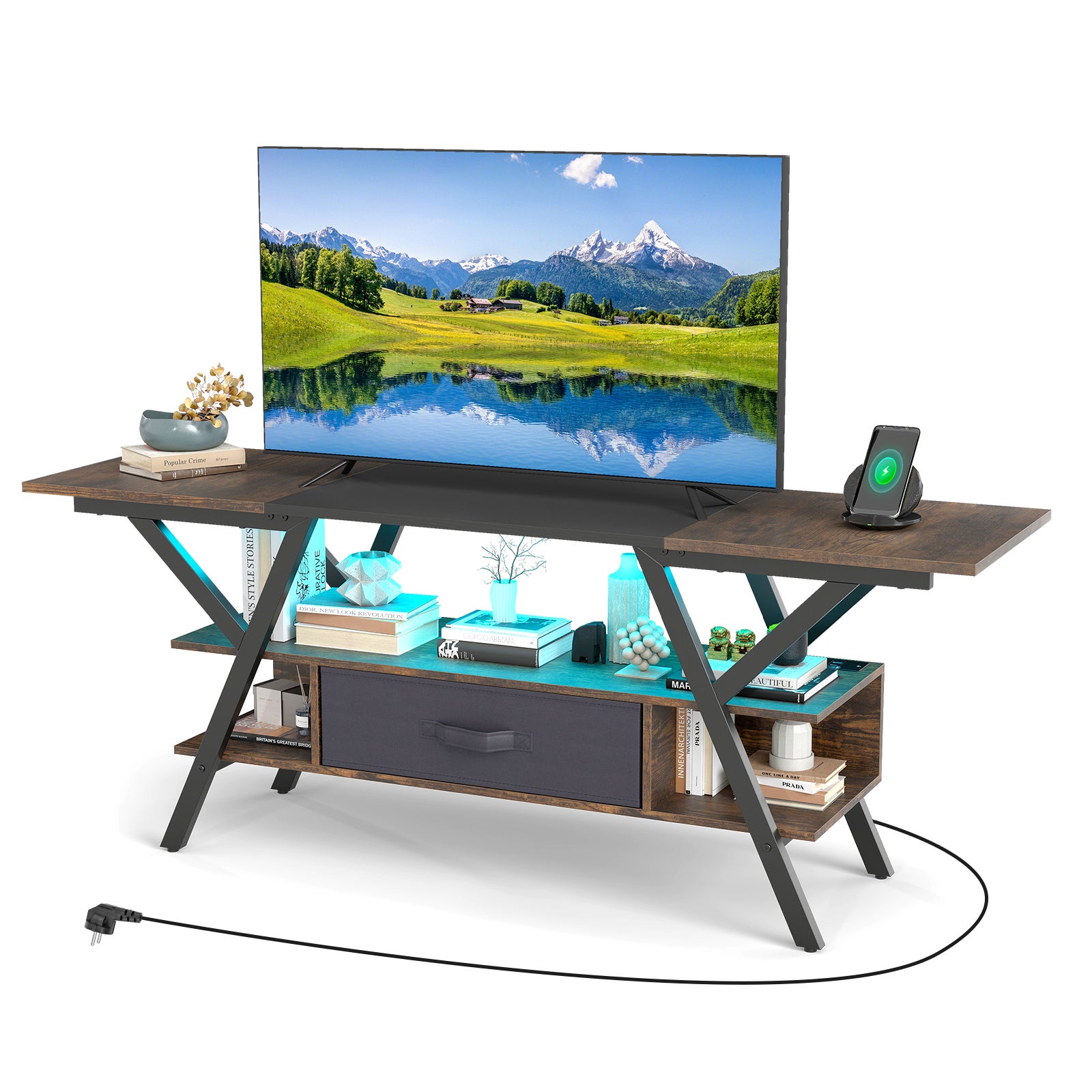Mebel pod telewizor 65", 3 poziomy z oświetleniem LED i stacją ładującą, konsola multimedialna z półkami i szufladą z tkaniny, brązowy