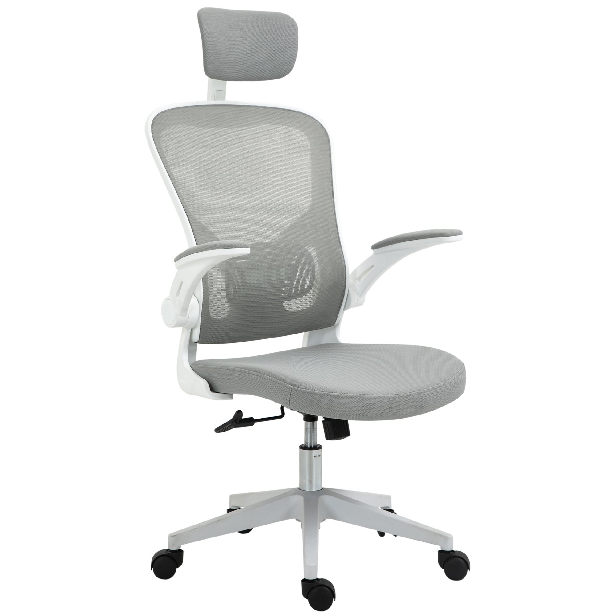 Ergonomiczny fotel biurowy, wysokie oparcie, składane podłokietniki, szary