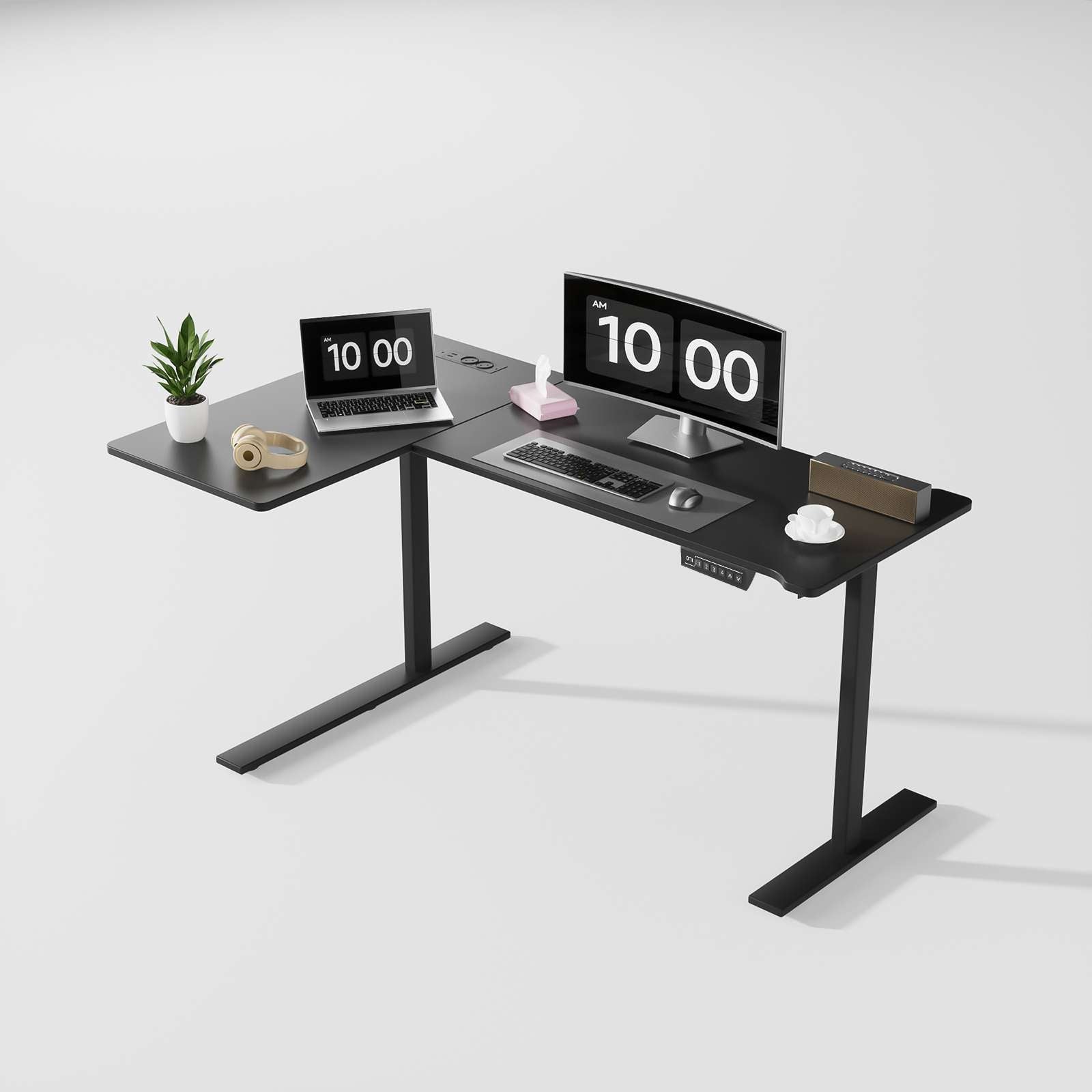Regulowane biurko narożne elektryczne 160×120 cm – ergonomiczne w kształcie L ze zintegrowanymi gniazdkami, portami USB i solidną metalową ramą