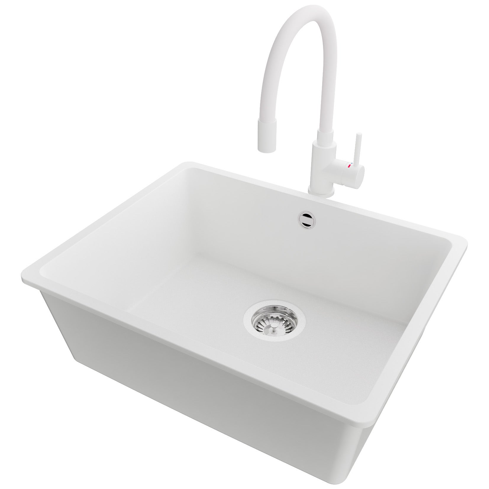 Zlewozmywak Granitowy Biały 56x44cm, Zlew Kuchenny 1 Komorowy + Bateria 38x14cm + Syfon, Nablatowy do szafki od 60cm - Wenecja Slim Easy PRIMAGRAN