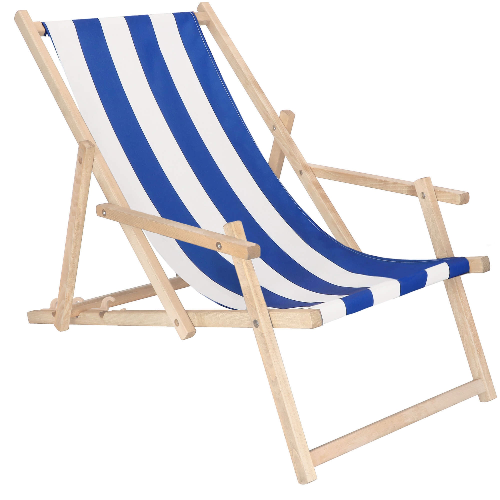 Leżak drewniany z podłokietnikami ogrodowy, plażowy niebiesko-biały