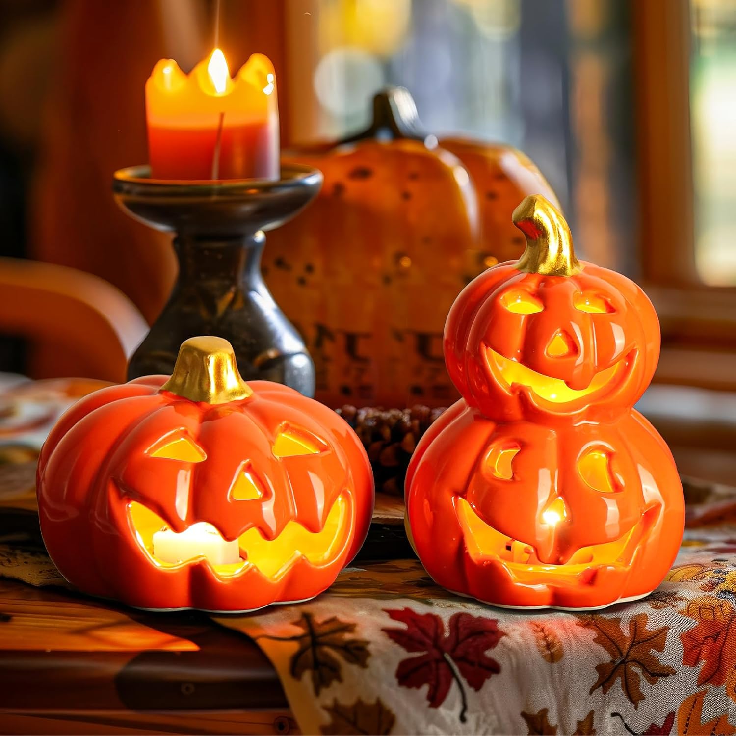 Zestaw 2 dekoracyjnych lampionów w kształcie dyni z przerażającymi twarzami, ceramicznych, dynia na Halloween z oświetleniem LED