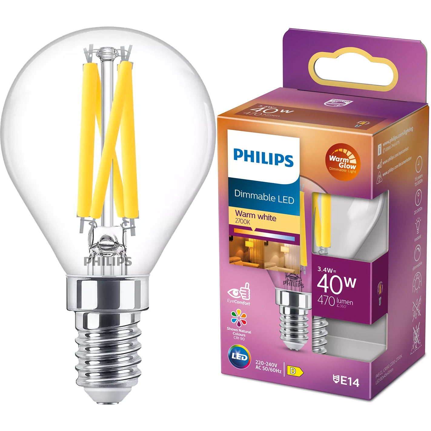 Żarówka LED Philips E14 P45 3.4W 470lm 2700K Filament Ściemnialna WarmGlow Dimmable