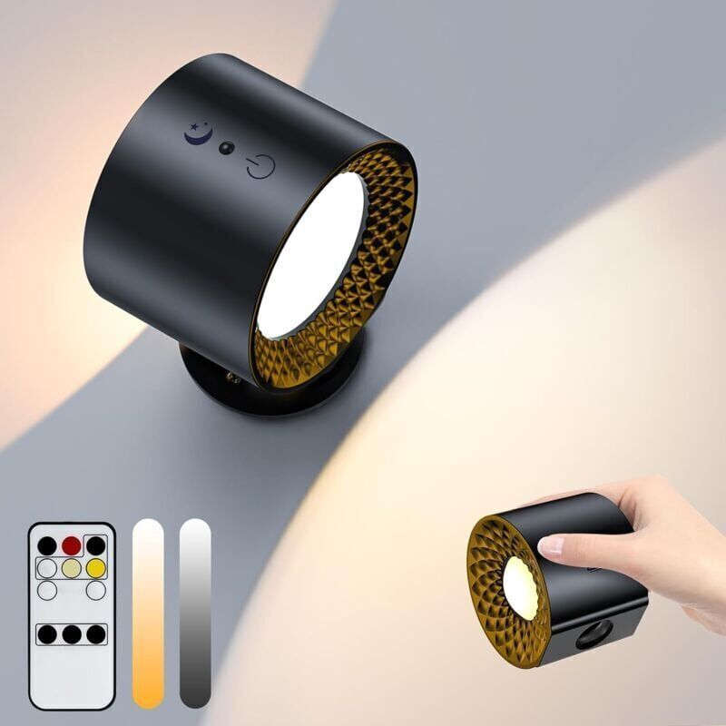 Akumulatorowa, dwustronna lampa ścienna LED z pilotem i sterowaniem dotykowym, 3 temperatury barwowe, obrót o 360°, USB, czarna