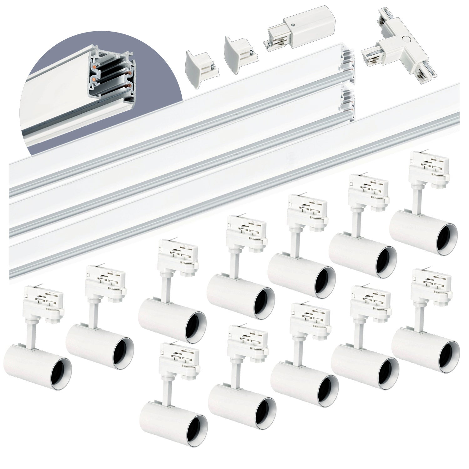 Zestaw szynowy 3-fazowy szyna 1m+1m+2m, 12x Lampa, łącznik T biały 1kpl.