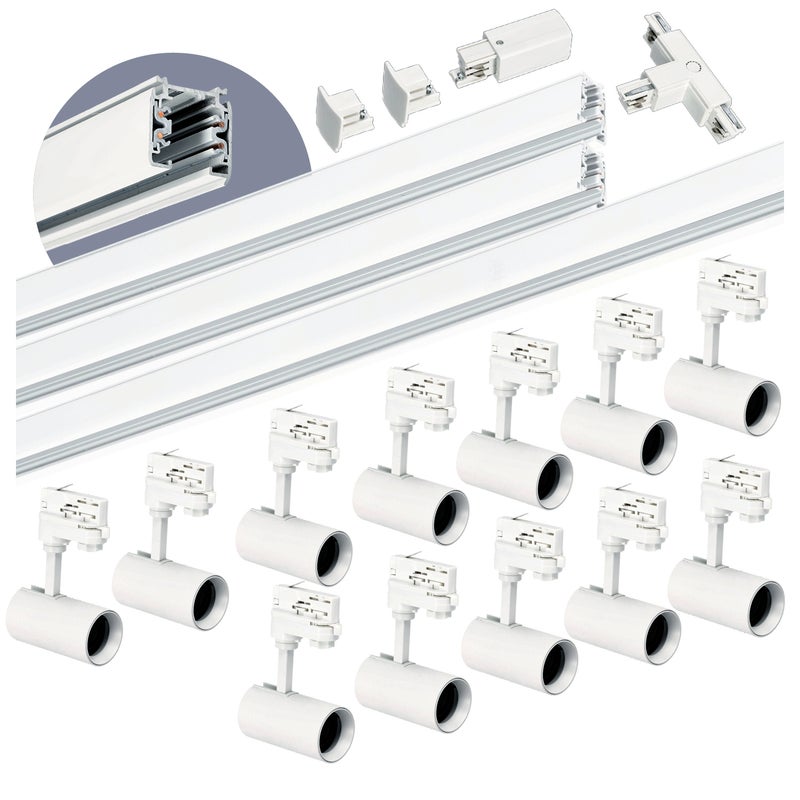 Zestaw szynowy 3-fazowy szyna 1m+1m+2m, 12x Lampa, łącznik T biały 1kpl.
