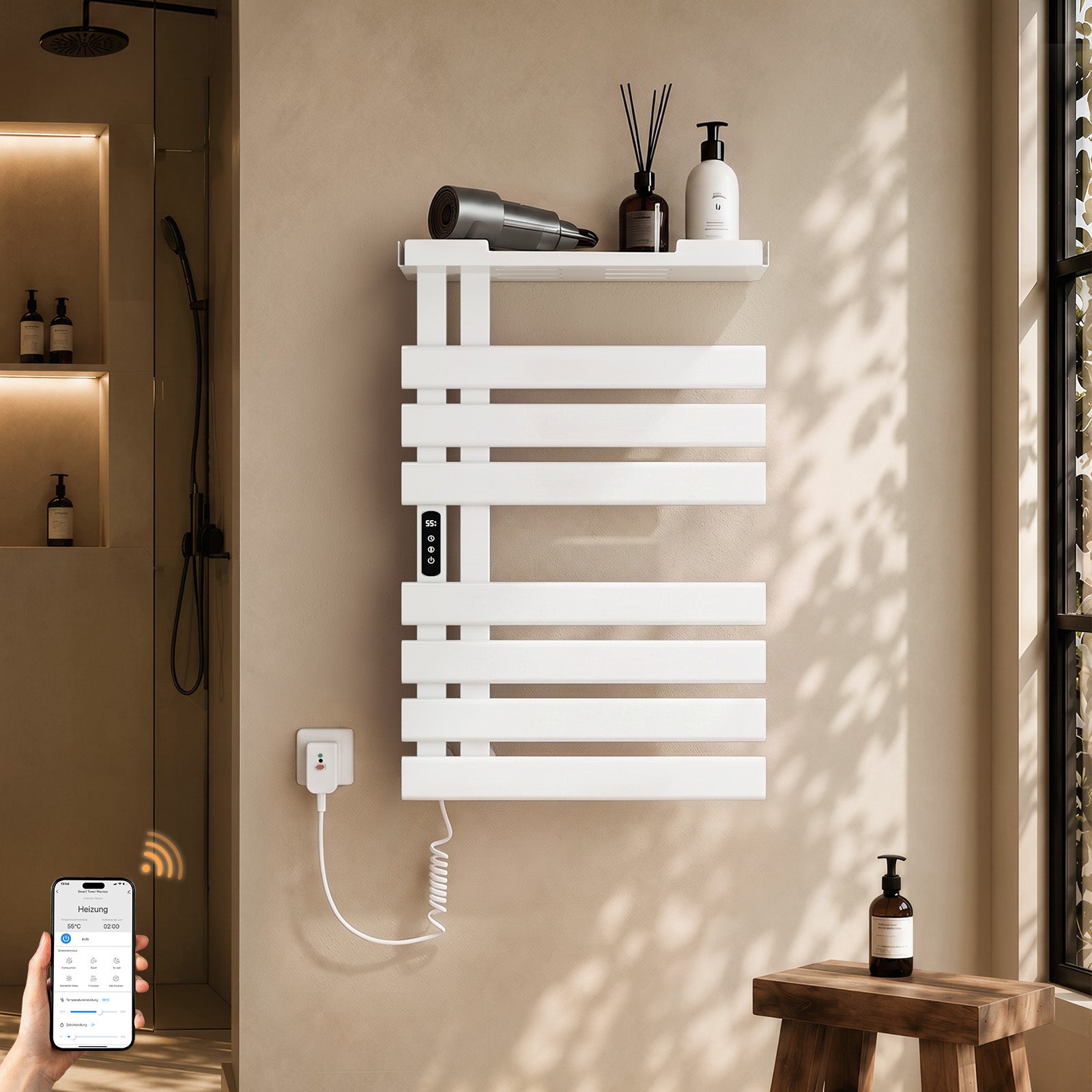 Grzejnik łazienkowy elektryczny WiFi 76 × 50 cm, 253 W, biały, sucha bezwładność, włókno węglowe, z półką - S'AFIELINA