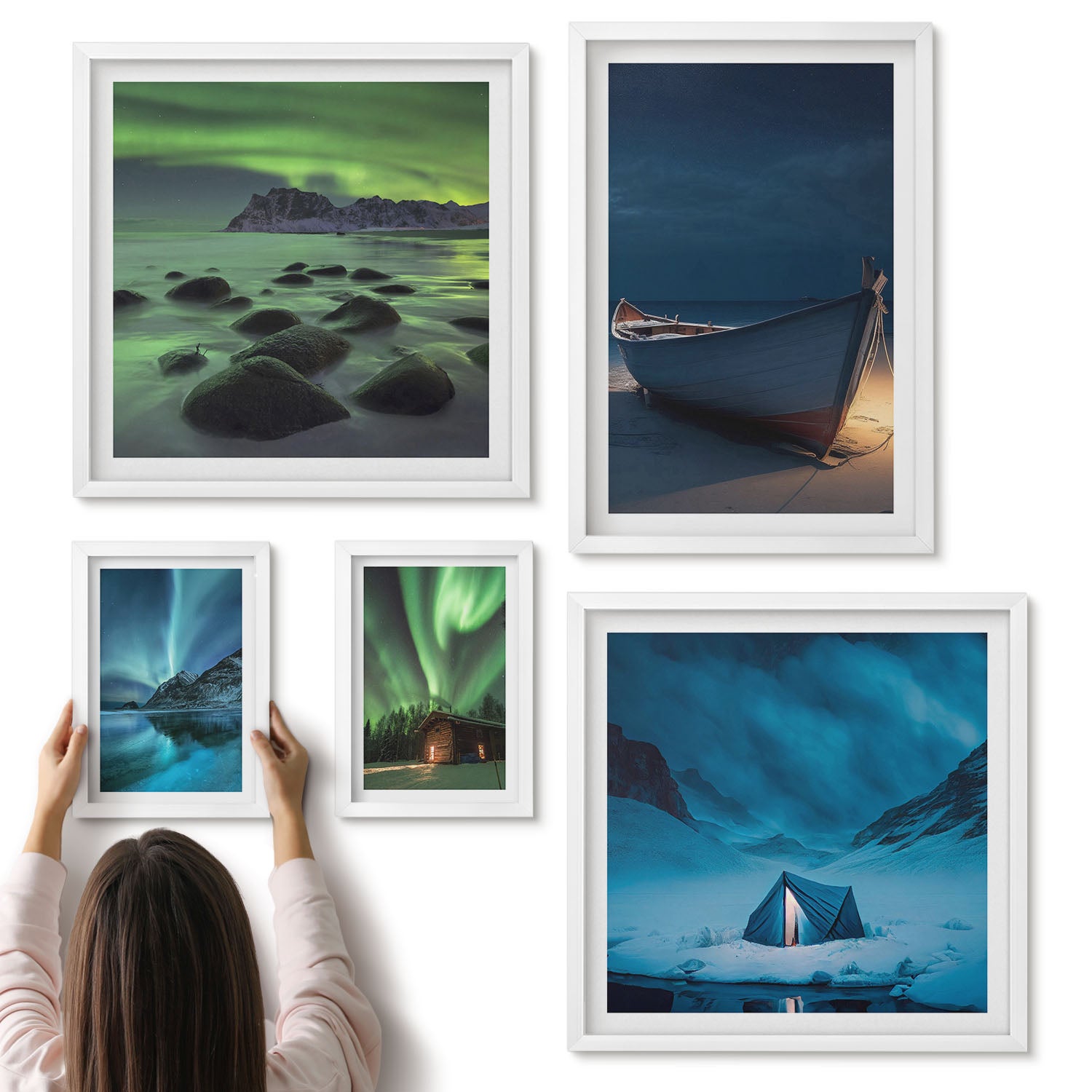Galeria ścienna 5-częściowy komplet obrazów w białych ramach - Zimowe pejzaże z zorzą polarną i nocnym niebem - ArtPrintCave