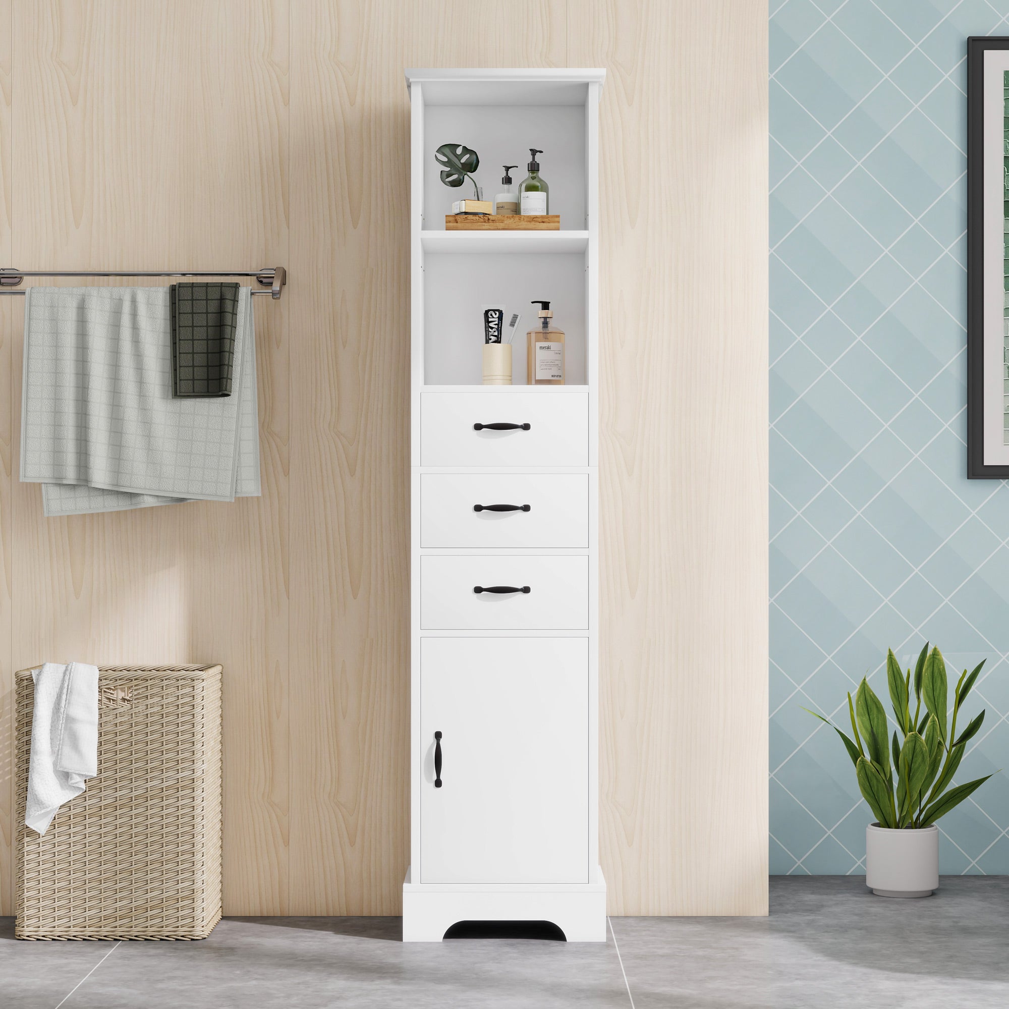 Witryna z 1 drzwiami, 3 szufladami i 2 otwartymi półkami - 38 x 26 x 172,5 cm - MDF - Uchwyty metalowe - Biała