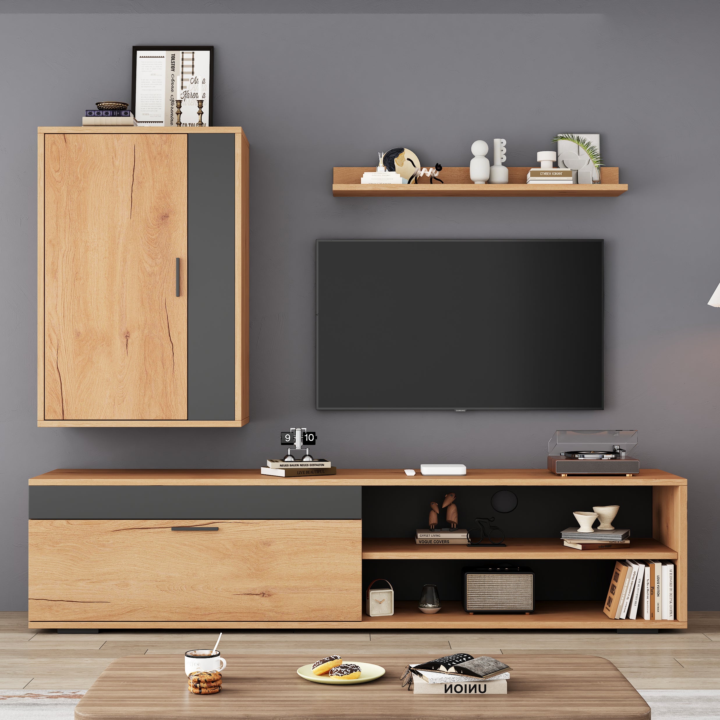 Zestaw mebli do TV 3-elementowy - Regał, Szafka ścienna, Stół TV - 140x35x39cm - Drewno + Czarny