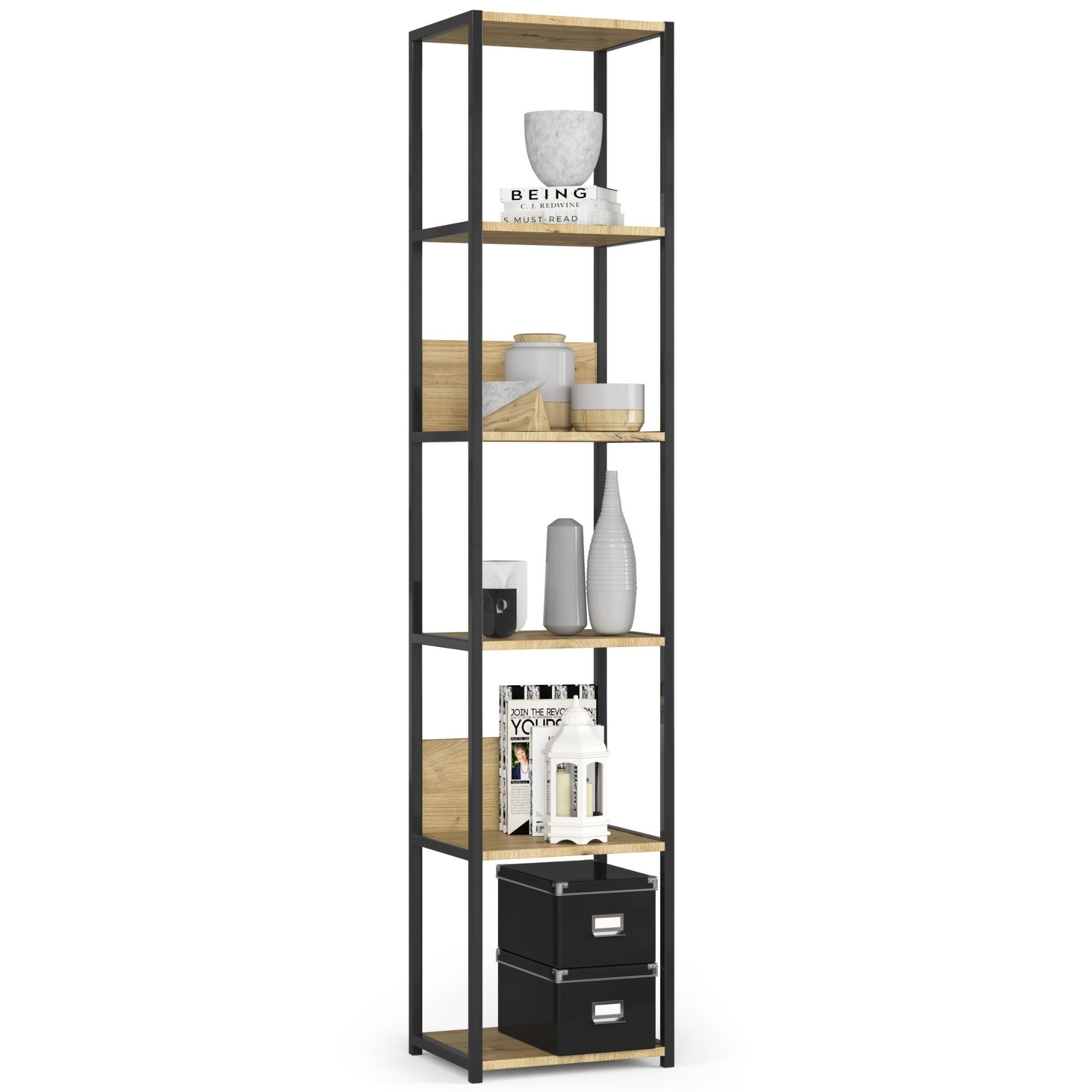 Regał loft AKORD metalowy Czarny 40 cm Noire - Chêne Artisan kolor Dąb Artisan mat 6 półek 40x32x192 cm