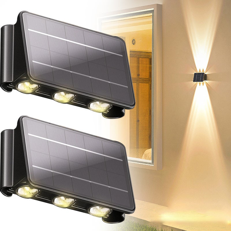 Zestaw 2 zewnętrznych lamp solarnych na ścianę, oświetlenie góra-dół, wodoodporna lampa solarna od zmierzchu do świtu do ogrodu lub podwórka.
