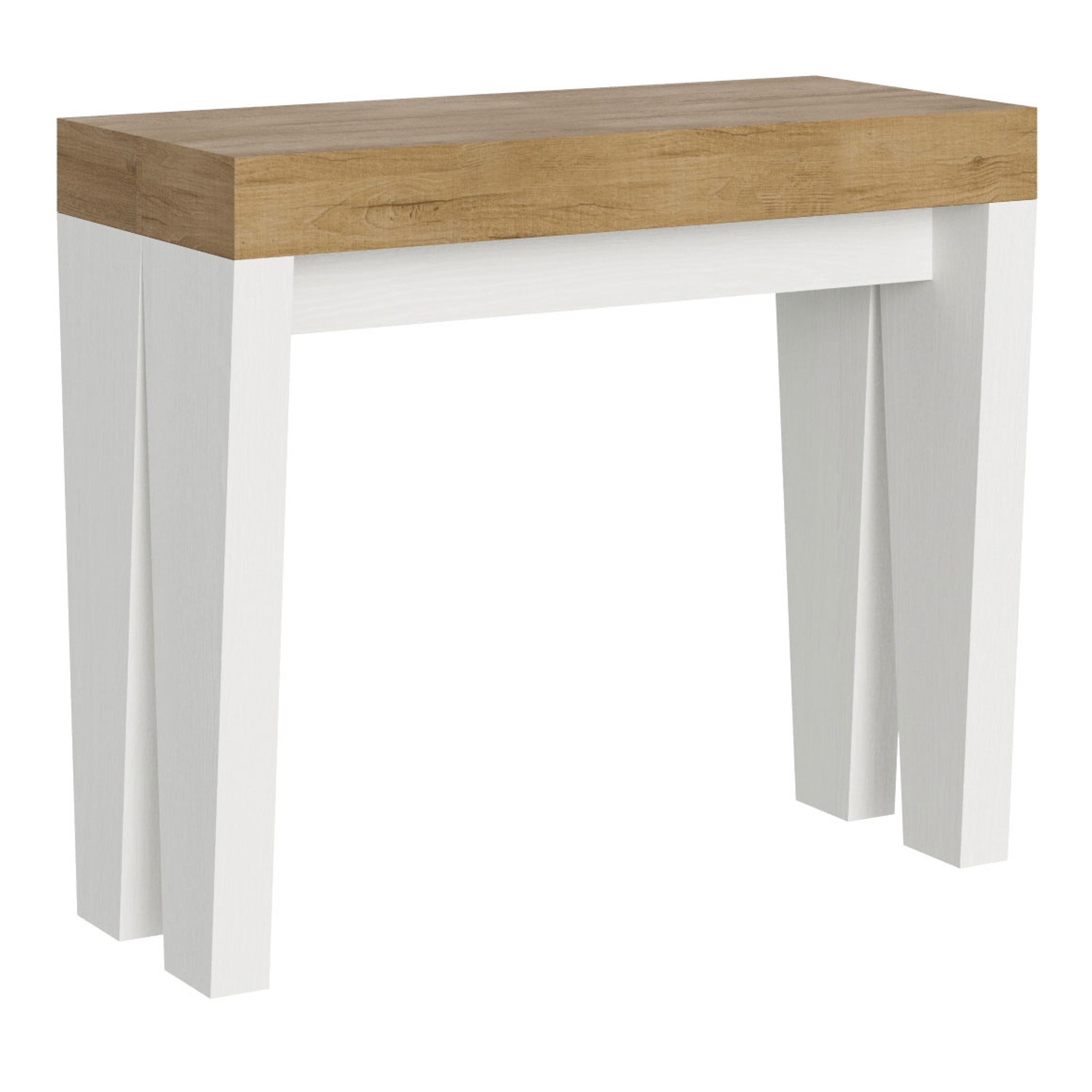 Mesa consola Spimbo Mix con tablero de roble natural y estructura de fresno blanco, extensible hasta 3 metros.