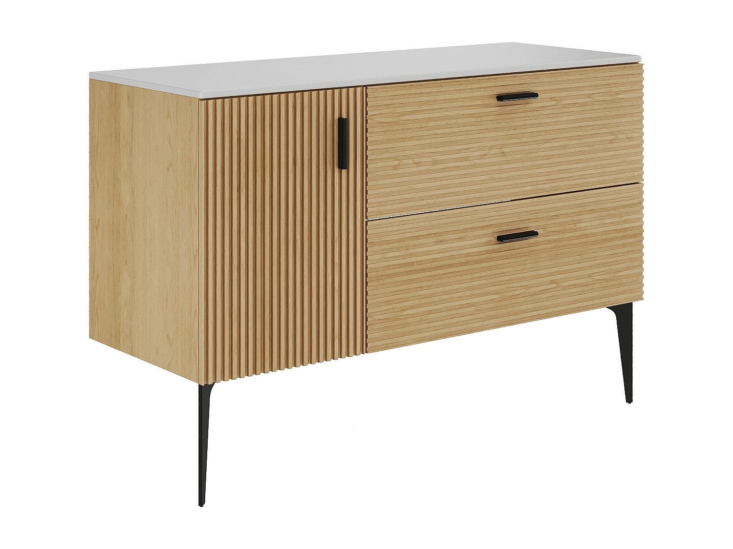 Szafka pod umywalkę prążkowana na nóżkach z blatem - 1 drzwi i 2 szuflady - Jasne drewno naturalne - 120 cm - SARONE
