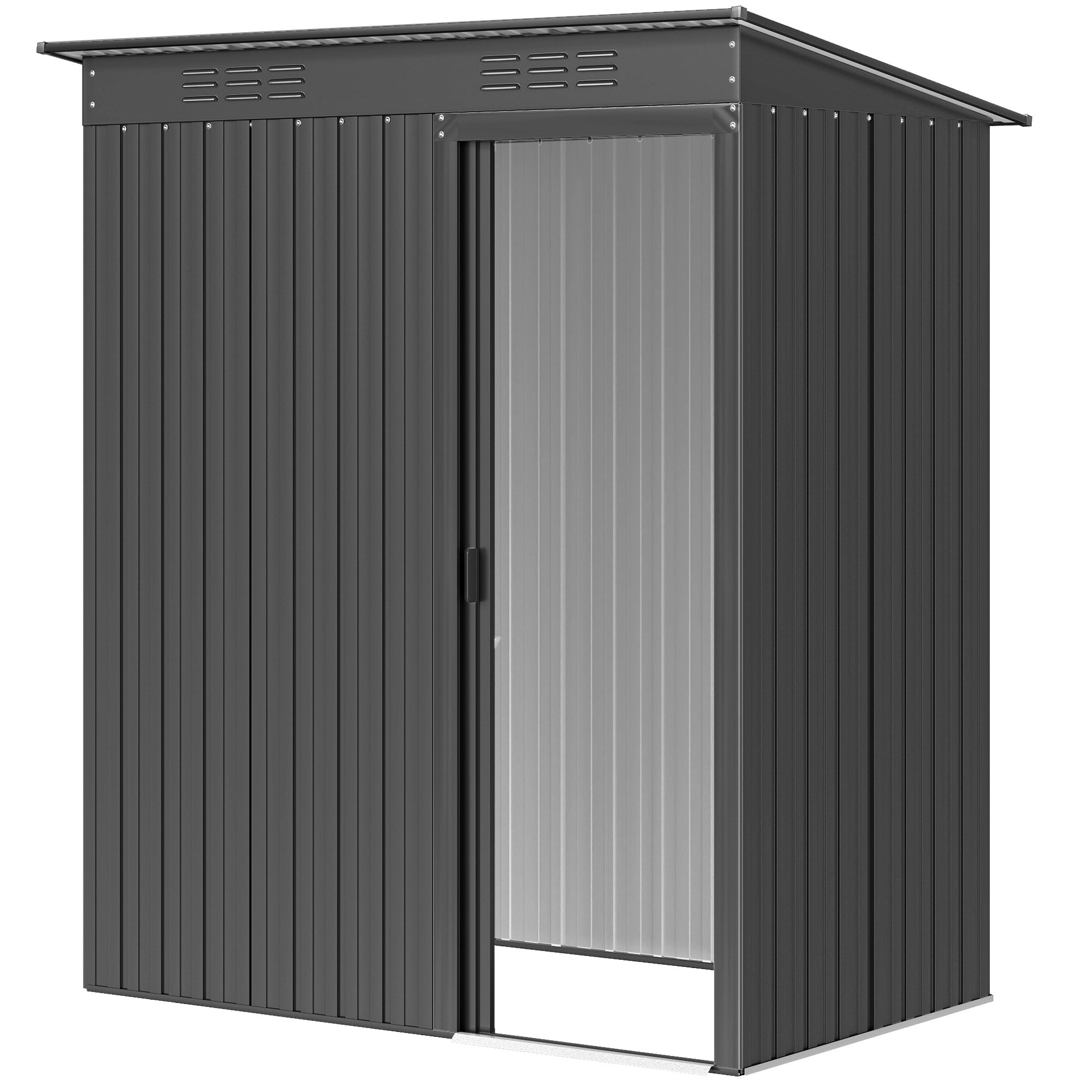 Metalowa altana ogrodowa o powierzchni 1,37 m², łatwa w montażu szopa na narzędzia, spadzisty dach, drzwi przesuwne, wentylacja, rękawice w zestawie