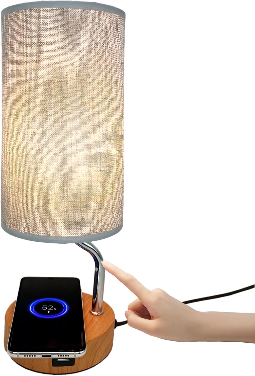 Lampka nocna z ładowarką bezprzewodową i portami USB dotykowa lampka stołowa ze ściemniaczem poziomy jasności abażur z tkaniny lampka do postawienia