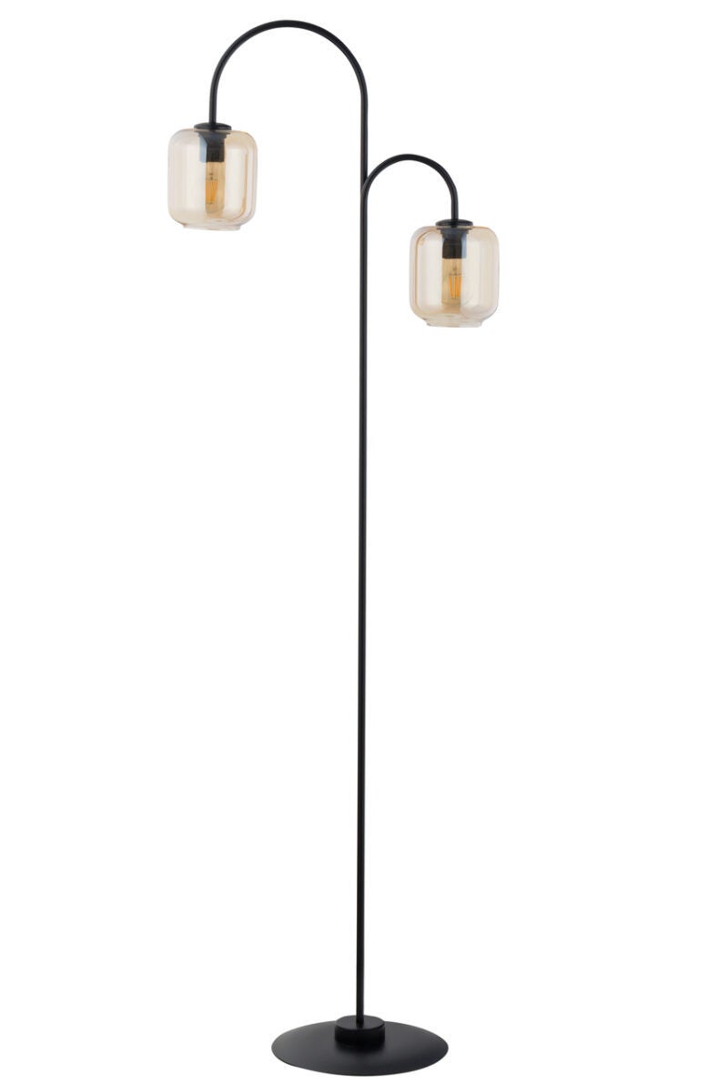 Lampa podłogowa nowoczesna minimalistyczna czarna dwa szklane bursztynowe klosze 2xE27 15W Shine Sigma Lighting