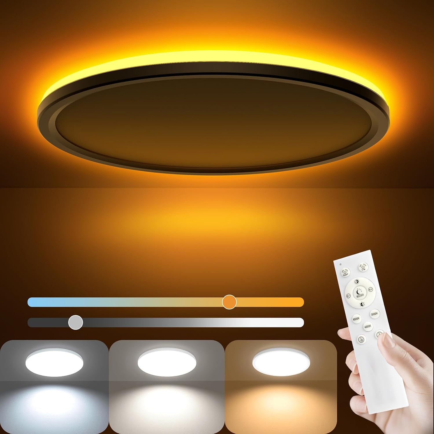 Lampa sufitowa LED – regulowana jasność – lampa sufitowa z pilotem – lampka nocna – okrągła LED (czarna) do sypialni/salonu