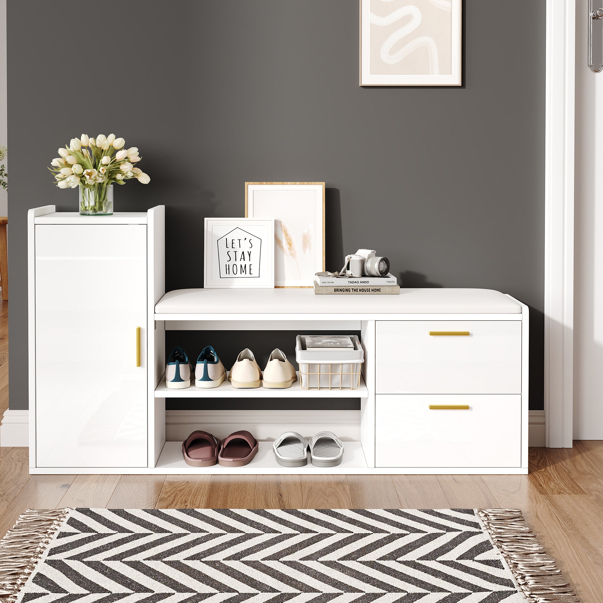 Ławka na buty z 2 szufladami, 1 drzwiami i 2 półkami - 128 x 30 x 68 cm - Płyta wiórowa - Kolor biały