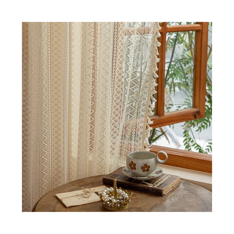 Kremowe firanki w stylu boho, 140x240 cm, 2 panele, przepuszczające światło, do salonu i sypialni