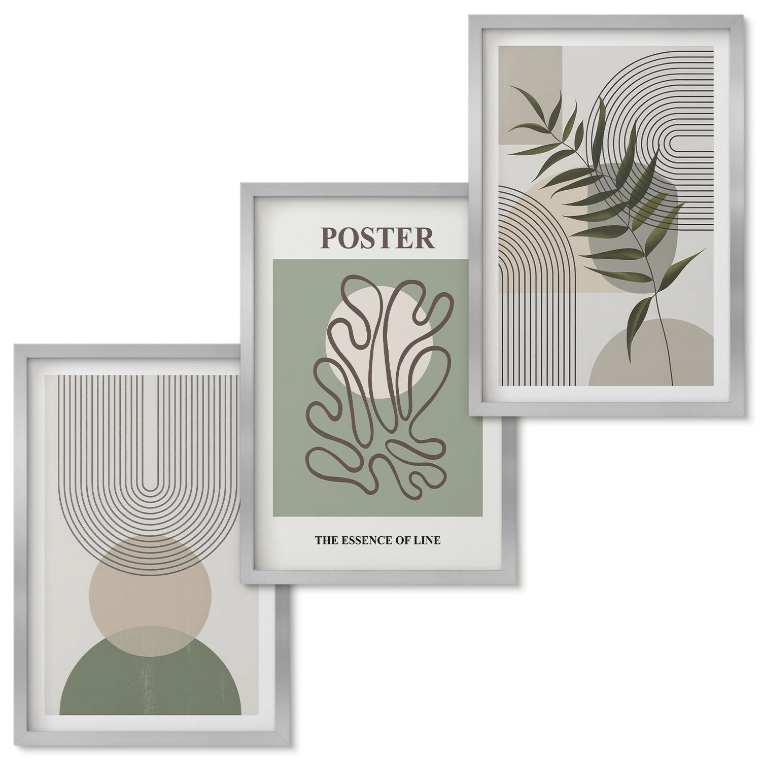 Zestaw obrazów w ramie - 3 części | Geometryczne abstrakcje botaniczne wzory poster | Srebrna ramka