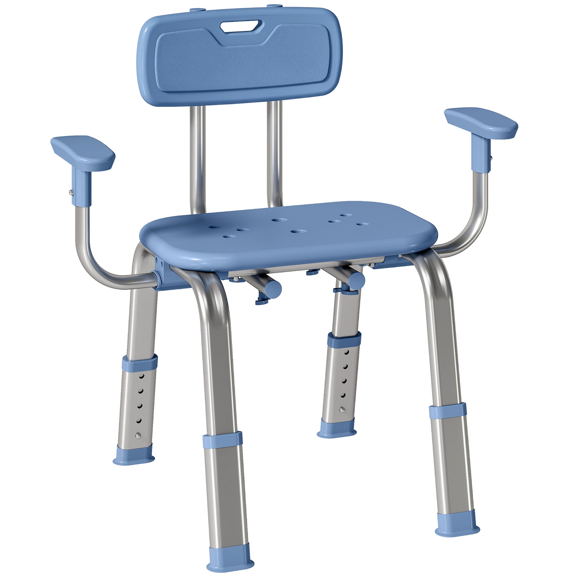 Ergonomiczny stołek/krzesło prysznicowe z regulowanymi podłokietnikami, oparciem, wysokością i siedziskiem, kolor niebieski