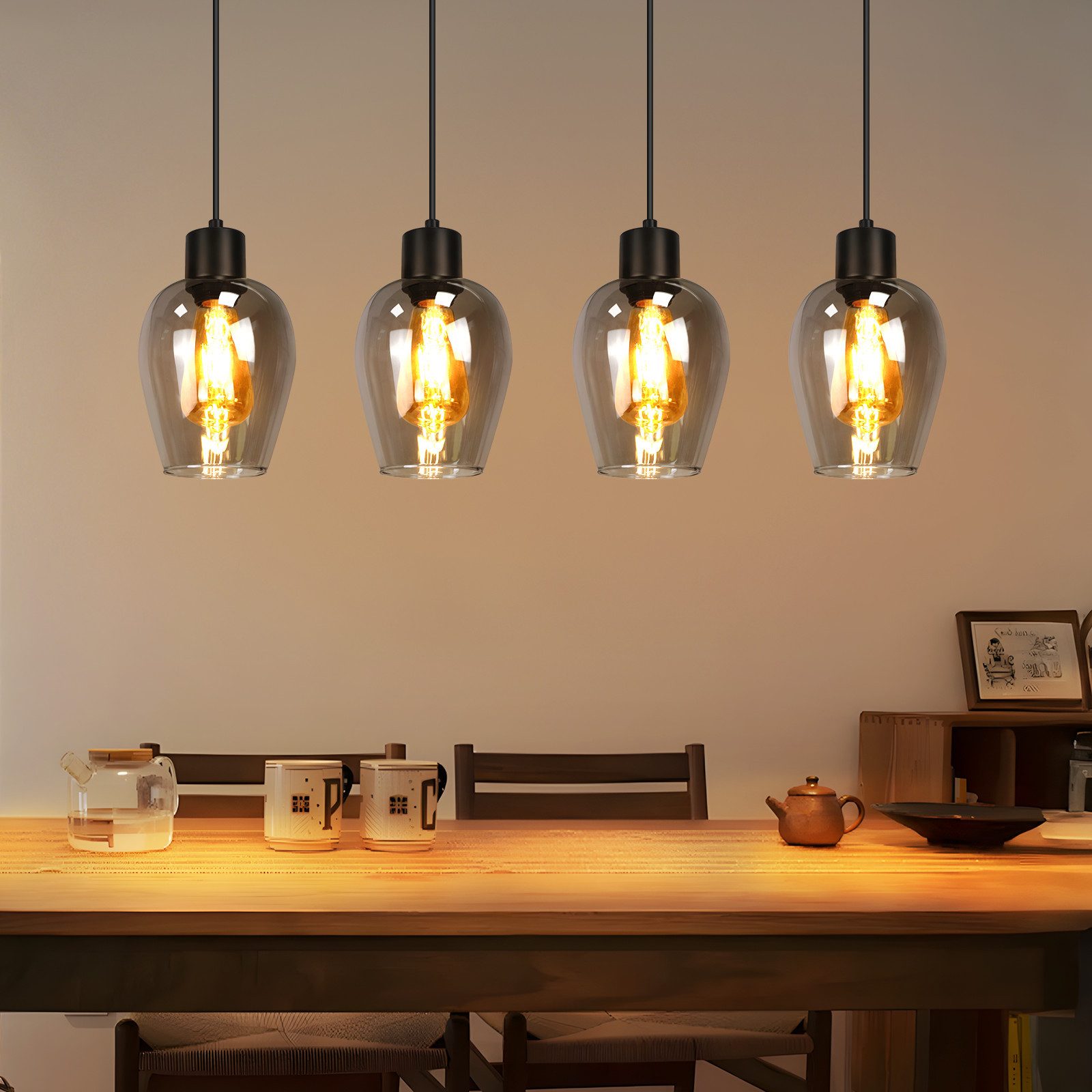 NETTLIFE Czarna lampa wisząca do jadalni – antyczne szkło dymione, pojedynczy płomień, lampa wisząca E27 do kuchni i sypialni, bez źródła światła