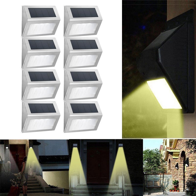 8 lamp solarnych do ogrodzenia, lampa ścienna solarna do ogrodzenia, lampa zewnętrzna do ogrodu, stal nierdzewna [3 białe diody LED]