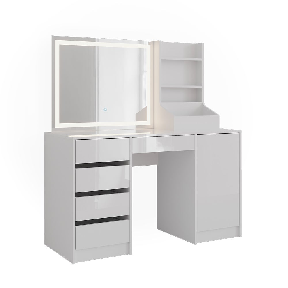 Vicco Stół toaletowy Sherry, Biały/Biały wysoki połysk, 128.2 cm z lusterkiem LED
