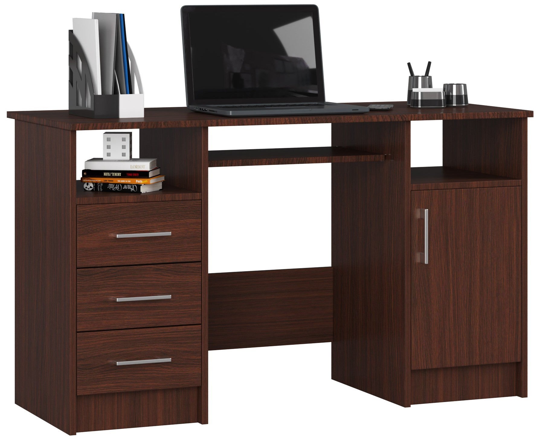 Biurko AKORD ANA Wenge 124 cm biurko komputerowe 1 drzwi 3 szuflady kolor Wenge mat5 półek 124x52x74 cm