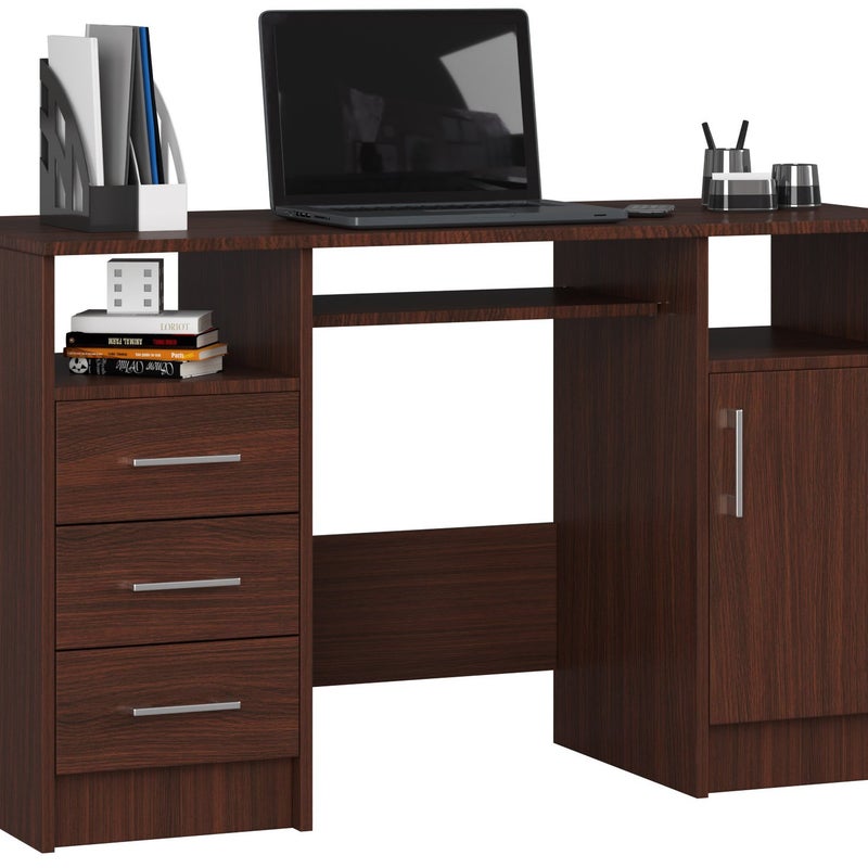 Biurko AKORD ANA Wenge 124 cm biurko komputerowe 1 drzwi 3 szuflady kolor Wenge mat5 półek 124x52x74 cm