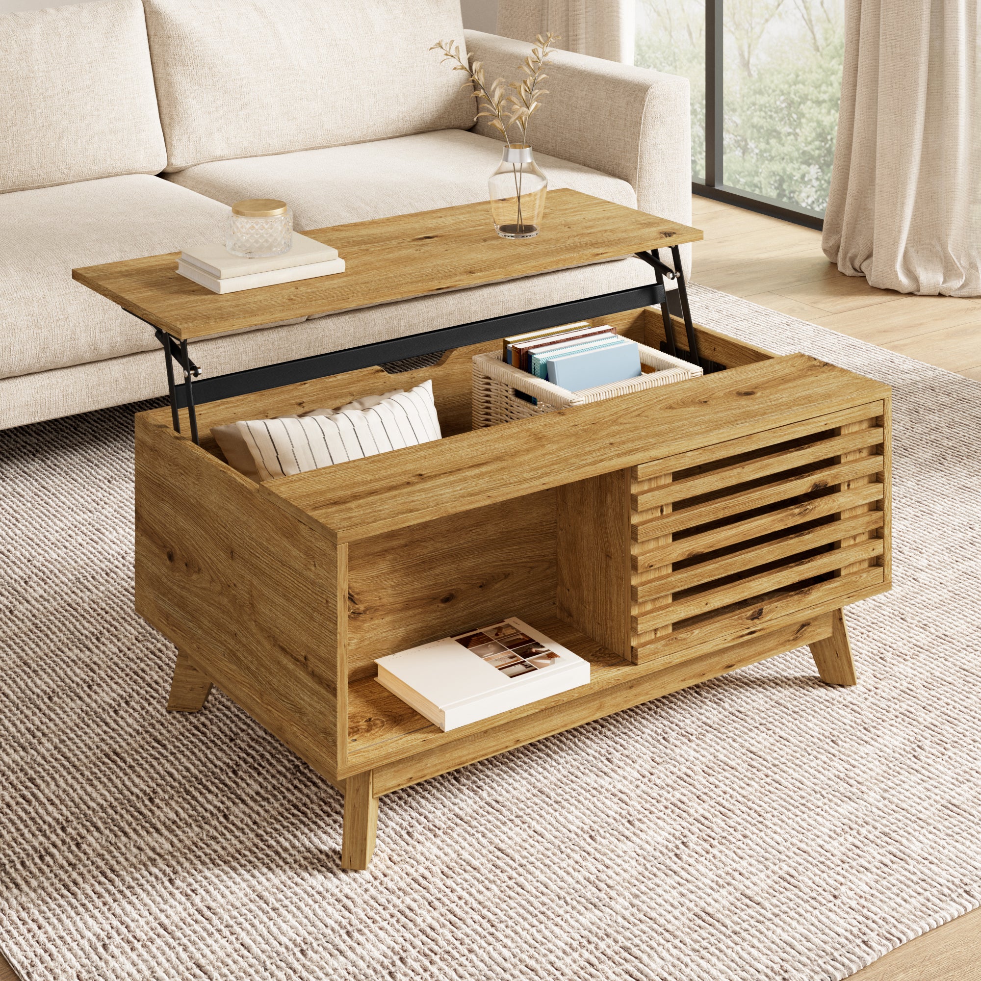 Stolik kawowy z podnoszonym blatem, schowkiem i żaluzjowymi drzwiami przesuwnymi – MDF – 90 x 55 x 57,5 cm – Naturalne drewno