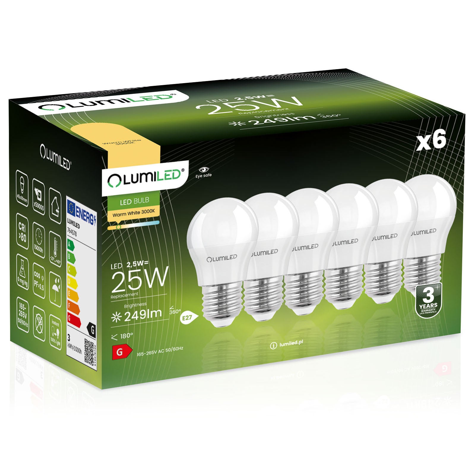 6x Żarówka Lumiled LED E27 Kulka P45 2,5W = 25W 249lm 3000K Ciepła 180st