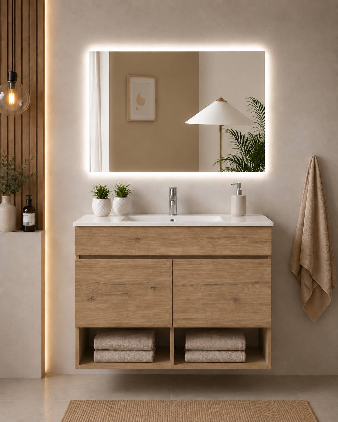 Wisząca szafka łazienkowa z umywalką ORIGENBATH NEBARI z drzwiami 100x45 cm estepa