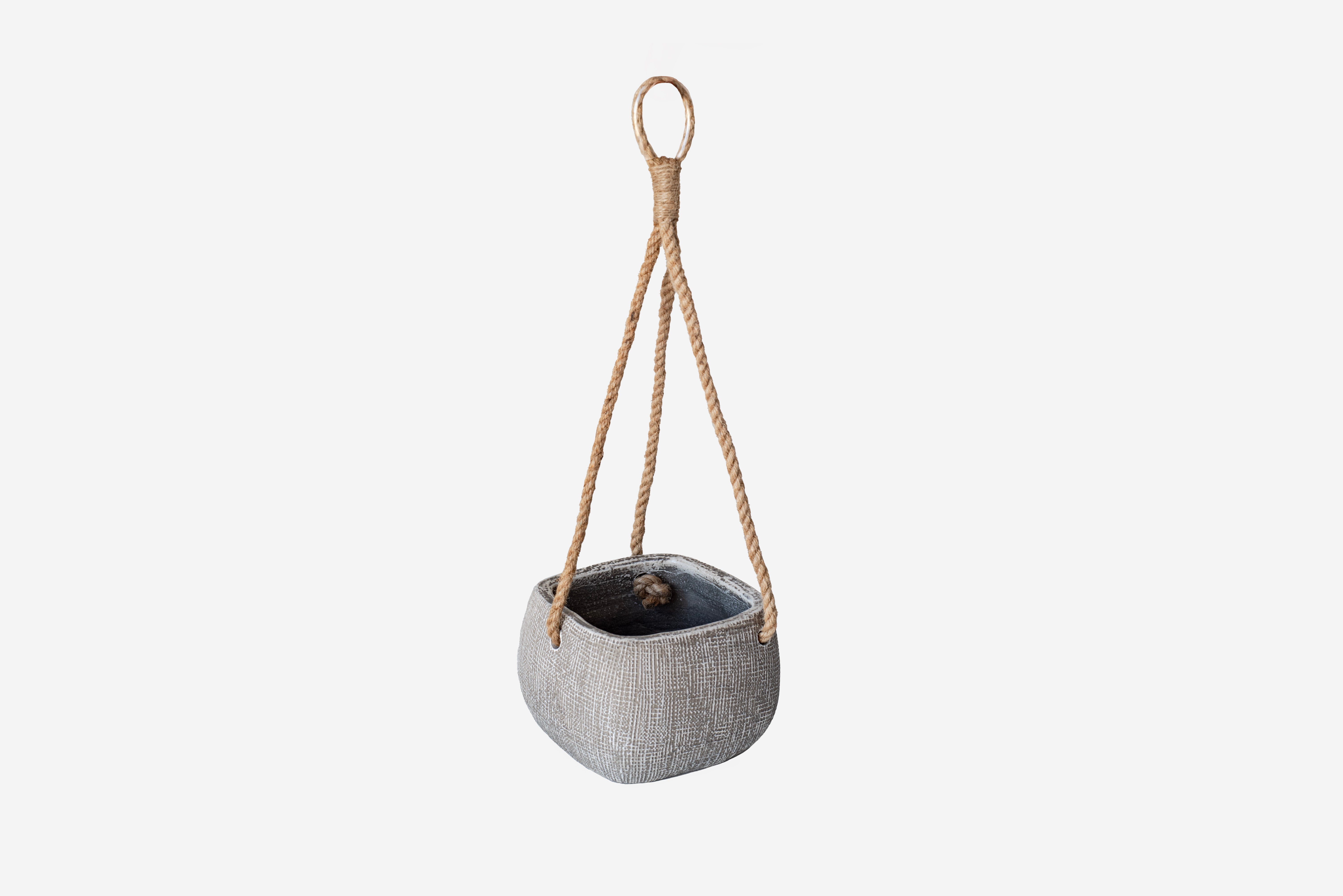 Beżowa kwadratowa ceramiczna doniczka wisząca z liny 15x15x11,5 cm