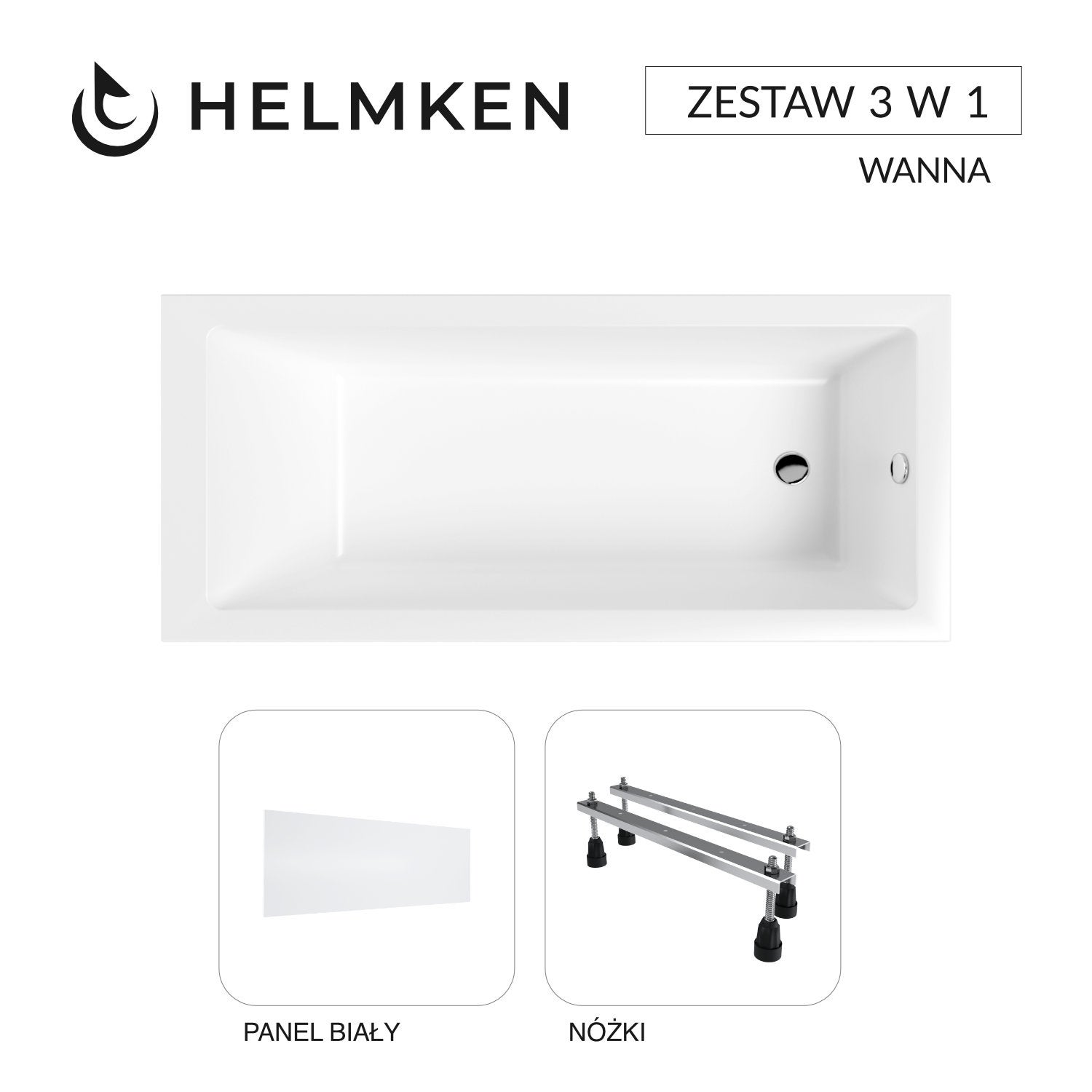 Wanna akrylowa Helmken Athena 170x80 z akrylu lanego ze wzmocnionym korpusem + Panel biały + Nóżki / 35090080