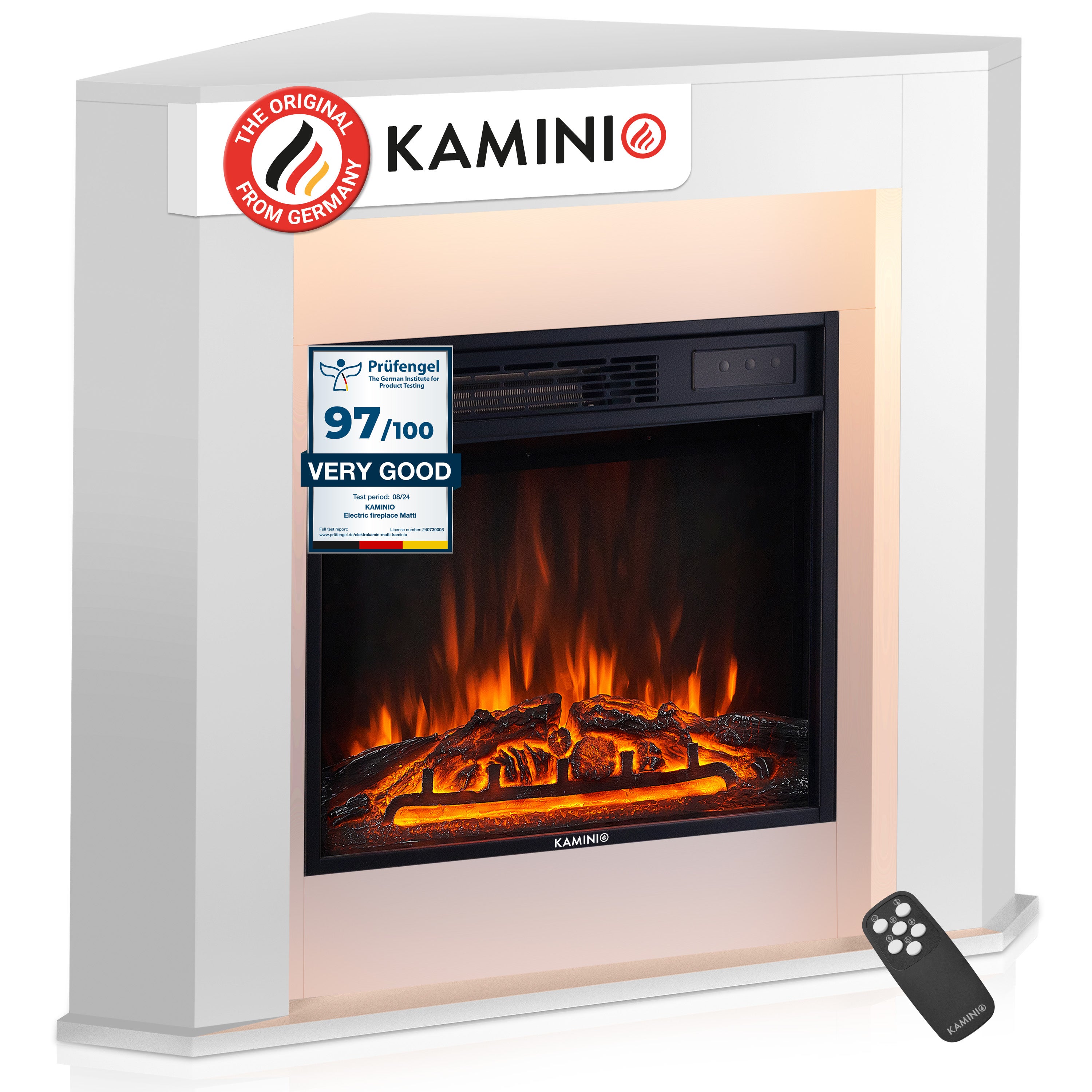 KAMINIO Kominek elektryczny Matti – elektryczny kominek narożny z ogrzewaniem, płomienia 3D, oświetleniem, pilotem – narożny, Biały
