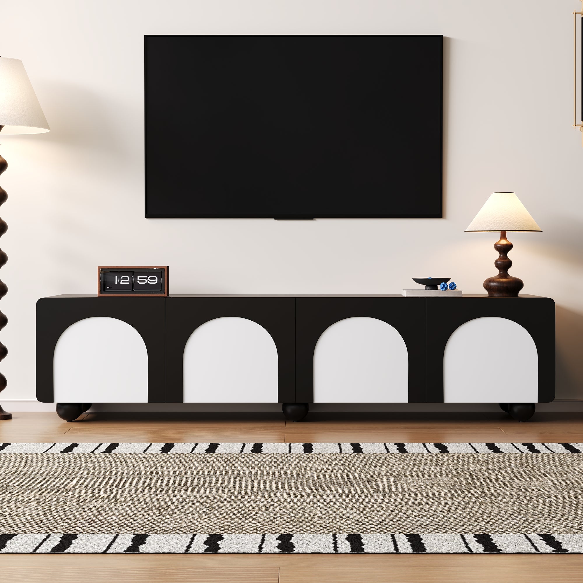 Stolik pod TV z 2 drzwiami i 2 szufladami - 180 x 38 x 45 cm - MDF i okrągłe nogi - do salonu - Czarny + biały