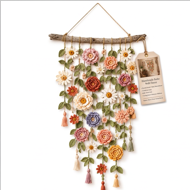 Handmade Boho Crochet kwiat ściana wiszący z Cascading Yarn kwiatowy: rustykalny Macrame ściana dekoracja na drewno gałązka do sypialnia salon, 1pc