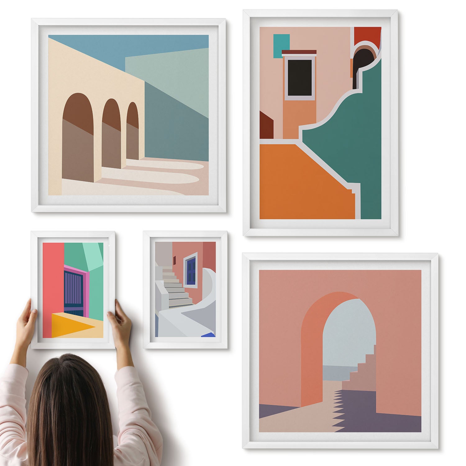Galeria ścienna 5-częściowy komplet obrazów w białych ramach - Kolorowe ilustracje budynków w stylu nowoczesnym - ArtPrintCave