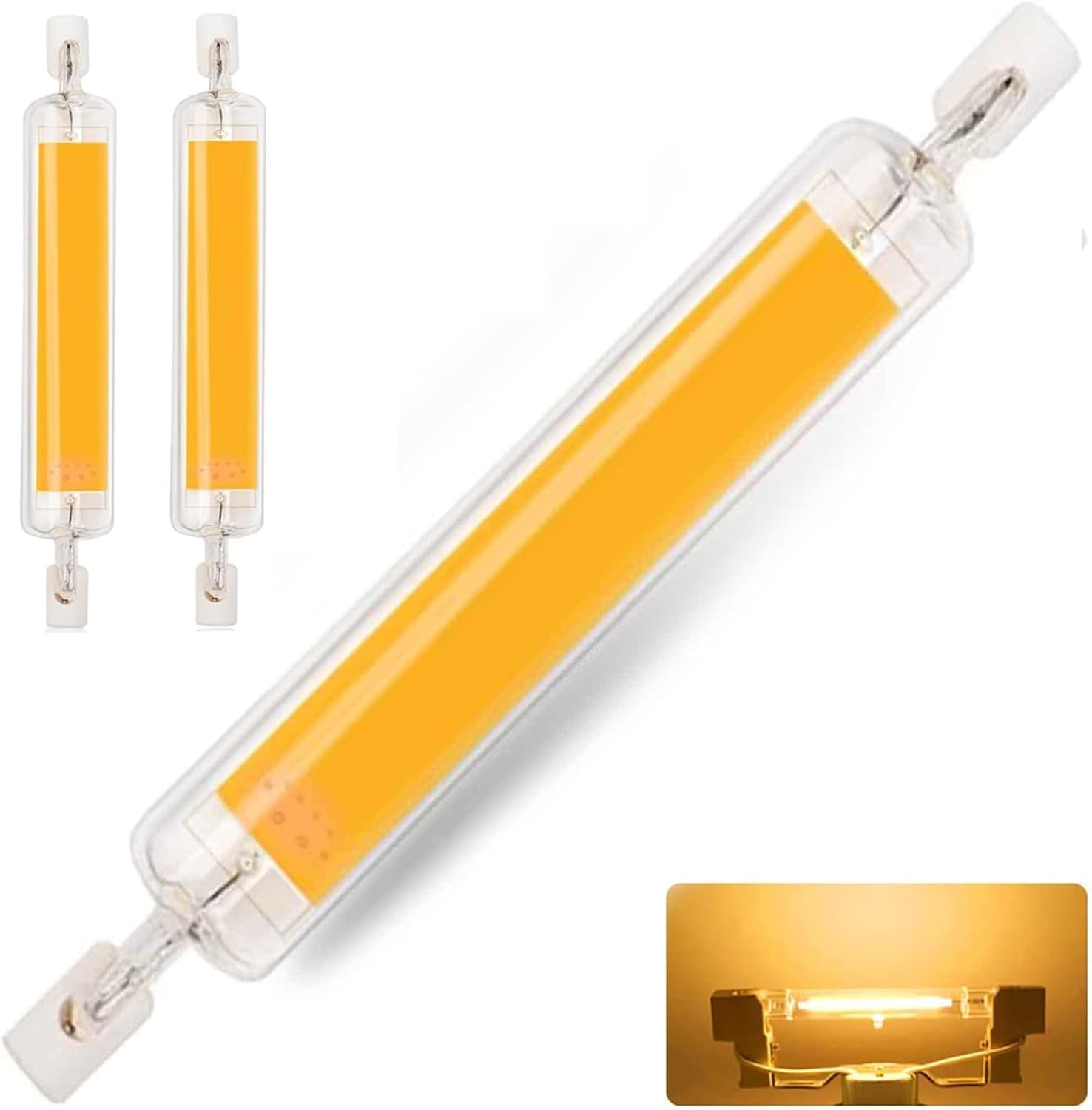 Zestaw 2 żarówek LED R7S 78 mm, ściemnialnych, ciepła biel 3000 K, 1000 lm, bez migotania, żarówka R7S COB 10 W, odpowiednik żarówki halogenowej