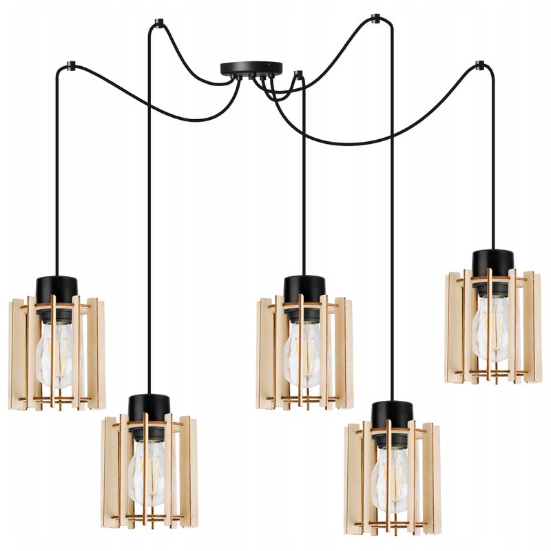 Lampa sufitowe wisząca Light Home LH Timber Spider 5x E27 60W klosz drewno tuba czarny