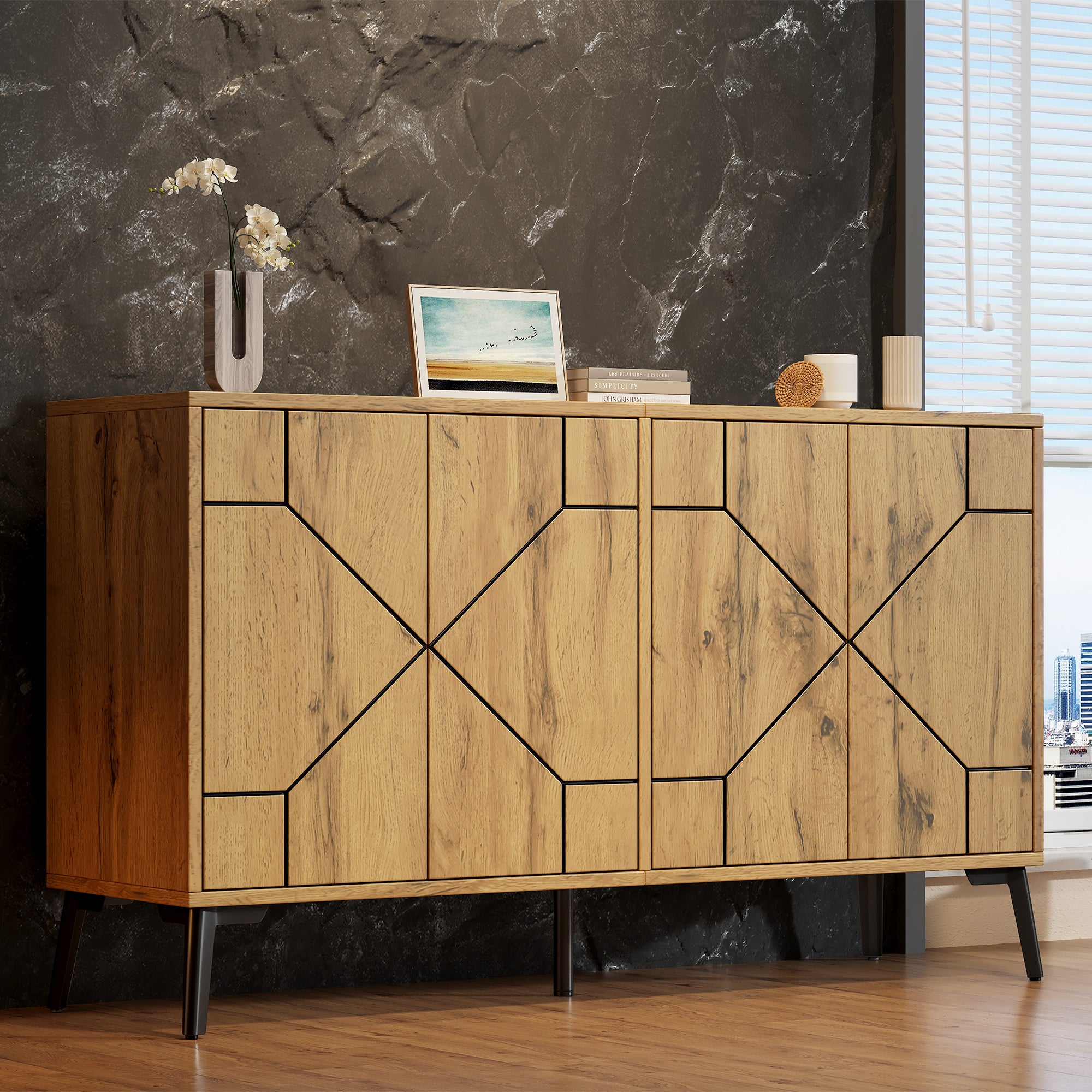 Komoda 4-drzwiowa z falistym wzorem i 4 schowkami - MDF i metal - 120 × 35 × 69 cm - Drewno